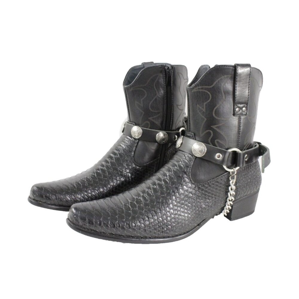 Men Boots Chains Pair Black Faux Leather Strap Native American Charm Motorcycle
